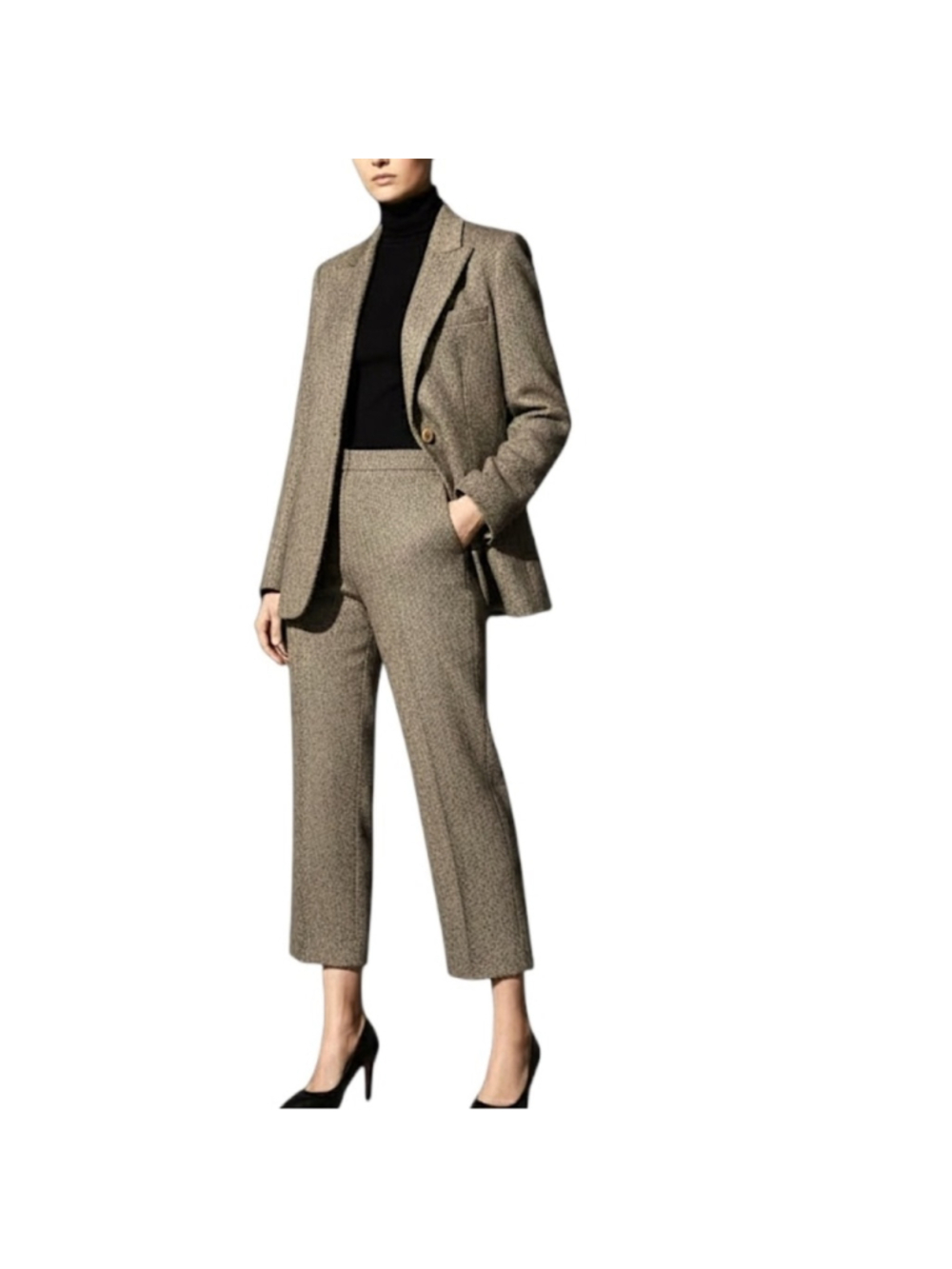 Vintage wool silk black tan tweed herringbone old money blazer trouser suit